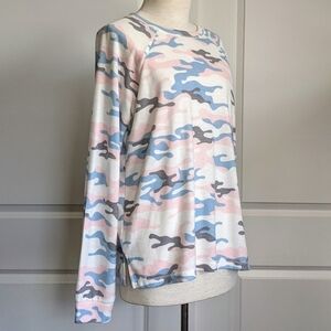 PJ Salvage Pullover Camouflage Print Long Sleeve Brushed Knit Blue Pink L NWT